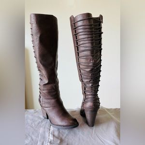 Mossimo Tall Boots Brown Aleah Back Lace Knee High Side Zip Womens Size 7.5